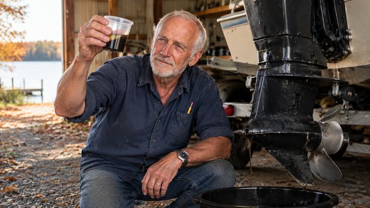 Hank checking drained gear oil in the fall